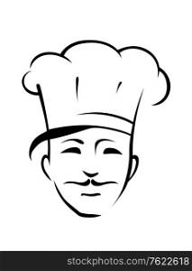 Head of a smiling handsome young chef with a moustache and tradional toque, black and white outline vector doodle sketch illustration