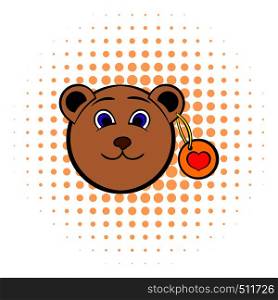Head of a teddy bear with a heart label icon in comics style on a white background. Head of a teddy bear with a heart label icon