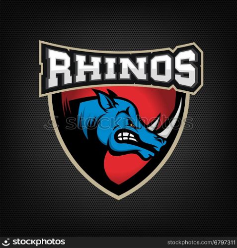head of Angry rhino on dark dotted background. Sport team or club emblem template. Design element for logo, label, sign, badge. Vector illustration.