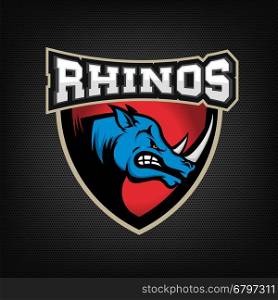 head of Angry rhino on dark dotted background. Sport team or club emblem template. Design element for logo, label, sign, badge. Vector illustration.