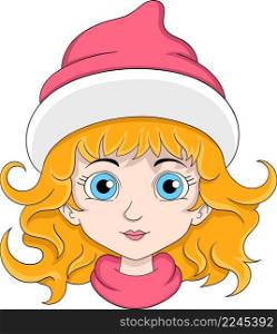 head of blonde girl wearing christmas hat, cartoon character design