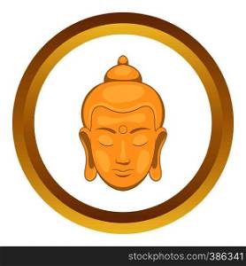 Head of Buddha vector icon in golden circle, cartoon style isolated on white background. Head of Buddha vector icon