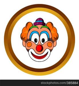 Head of clown vector icon in golden circle, cartoon style isolated on white background. Head of clown vector icon, cartoon style
