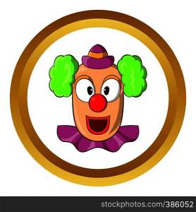 Head of clown vector icon in golden circle, cartoon style isolated on white background. Head of clown vector icon