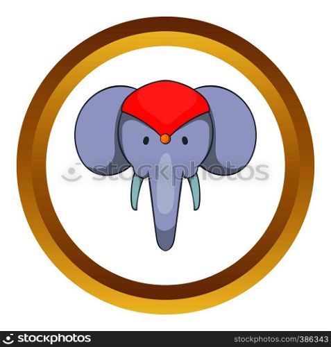 Head of decorated elephant vector icon in golden circle, cartoon style isolated on white background. Head of decorated elephant vector icon
