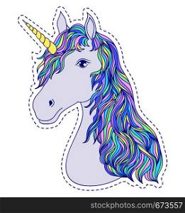 Head of hand drawn unicorn on white background.Sticker for laptop sleeves,skins,cases,wallets etc. Vector illustration.