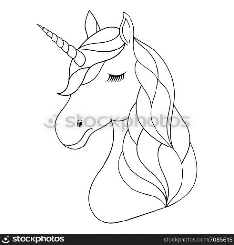 Head of hand drawn unicorn on white background. Coloring page for children and adult.Vector illustration.. Head of hand drawn unicorn