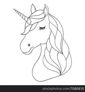 Head of hand drawn unicorn on white background. Coloring page for children and adult.Vector illustration.. Head of hand drawn unicorn