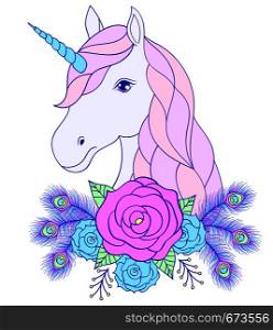Head of hand drawn unicorn with floral wreath on white background