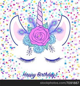 Head of hand drawn unicorn with floral wreath on white background with confetti.Birthday card.