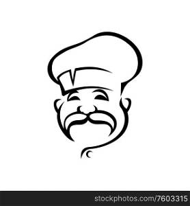 Head of happy chef with moustache in white toque isolated. Vector middle-age kitchener portrait. Chef cook in toque hat isolated