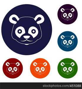 Head of panda icons set in flat circle reb, blue and green color for web. Head of panda icons set
