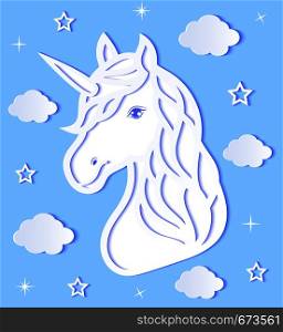 Head of paper unicorn, clouds and stars on blue background.Vector illustration.