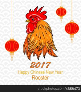 Head of Rooster with Chinese Lanterns for Happy New Year. Illustration Head of Rooster with Chinese Lanterns for Happy New Year. Holiday Postcard - Vector