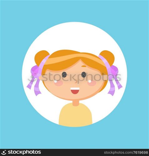 Head of smiling girl, laughing kid with ribbons on hair, smiling female character isolated on blue, child portrait view in flat design style vector. Laughing Girl, Smiling Child in Round Icon Vector