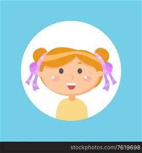 Head of smiling girl, laughing kid with ribbons on hair, smiling female character isolated on blue, child portrait view in flat design style vector. Laughing Girl, Smiling Child in Round Icon Vector