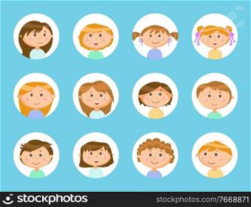 Head of smiling people, kids set of boys and girls in round icons isolated on blue background, children in flat design style, portrait view vector. Portrait View of Kids, Children Stickers Vector