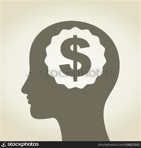 Head of the person with dollar in a brain. A vector illustration