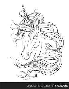 Head of unicorn with a long mane. Vector black and white contour illustration for coloring page. For the design of prints, posters, postcards, coloring books, stickers, tattoos,. Unicorn head vector illustration coloring book contour