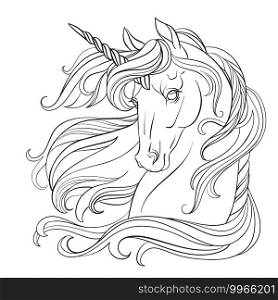 Head of unicorn with a long mane. Vector black and white illustration for coloring page. For the design of prints, posters, postcards, coloring books, stickers, tattoos,. Unicorn head vector illustration coloring book page