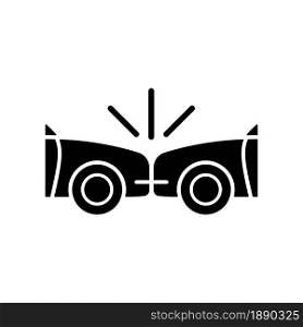 Head-on collision black glyph icon. Frontal crash. Two vehicles collide into one another. Cars driving in opposite directions. Silhouette symbol on white space. Vector isolated illustration. Head-on collision black glyph icon