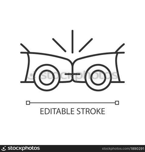 Head-on collision linear icon. Frontal crash. Two vehicles collide into one another. Thin line customizable illustration. Contour symbol. Vector isolated outline drawing. Editable stroke. Head-on collision linear icon