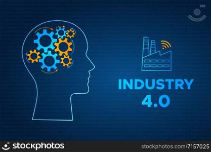 Head profile industry 4.0 revolution concept vector illustration. Blue factory icon with wireless symbol and sign INDUSTRY 4.0 Head silhouette with gear brain technology revolution business concept.. Head silhouette industry 4.0 revolution concept