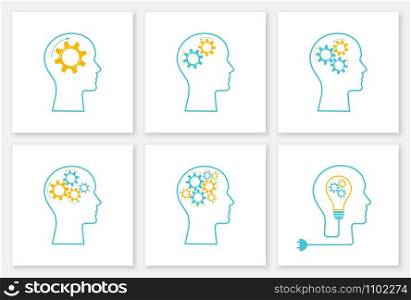 Head silhouette lightbulb inspiration concept set vector illustration. Creative graphic collection with head profile, gear machine and light bulb. Blue human silhouette with gear mechanism concept.. Head silhouette lightbulb inspiration concept set