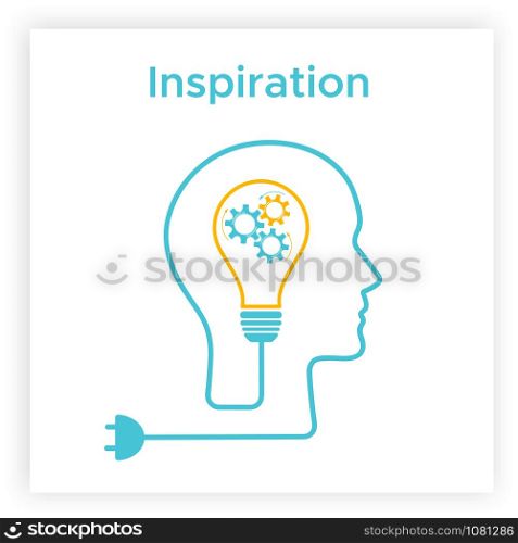 Head silhouette lightbulb inspiration concept vector illustration. Creative thinking graphic with head profile, gear machine and light bulb. Blue human silhouette with orange lightbulb idea concept.. Head silhouette lightbulb creative idea concept