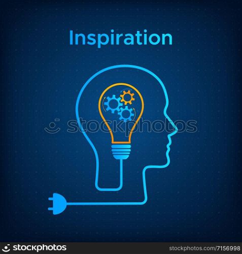 Head silhouette lightbulb inspiration concept vector illustration. Creative thinking graphic with head profile, gear machine and light bulb. Blue human silhouette with technology background concept.. Head silhouette lightbulb creative idea concept