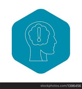 Head silhouette with exclamation mark inside icon. Outline illustration of head silhouette with exclamation mark vector icon for web. Head silhouette with exclamation mark icon