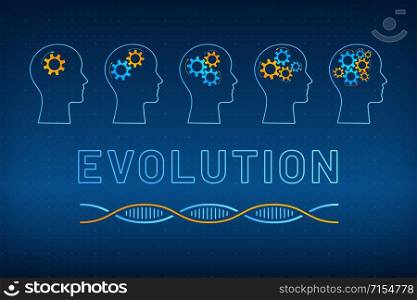 Head silhouette with gear brain evolution concept vector illustration. Face profile with evolving gear mechanism brain, blue, orange dna molecule helix and big sign evolution on tech background. Head profile with gear brain evolution concept