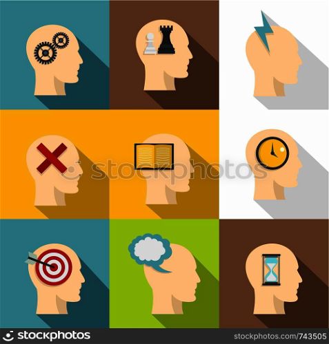 Head silhouette with gear icon set. Flat style set of 9 head silhouette with gear vector icons for web design. Head silhouette with gear icon set, flat style