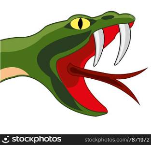 Head snake with open mouth and stinger on white background is insulated. Vector illustration of the cartoon of the head grovelling snake