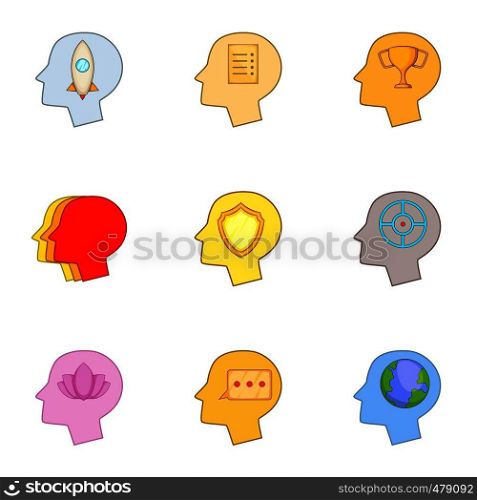 Head thinking about games icons set. Cartoon set of 9 head thinking about games vector icons for web isolated on white background. Head thinking about games icons set, cartoon style