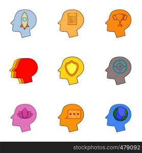 Head thinking about games icons set. Cartoon set of 9 head thinking about games vector icons for web isolated on white background. Head thinking about games icons set, cartoon style
