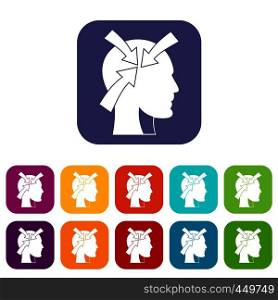 Head with arrows icons set vector illustration in flat style In colors red, blue, green and other. Head with arrows icons set flat