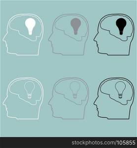 Head with brain and bulb icon.. Head with brain and bulb icon set.