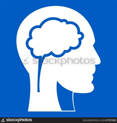 Head with brain icon white isolated on blue background vector illustration. Head with brain icon white