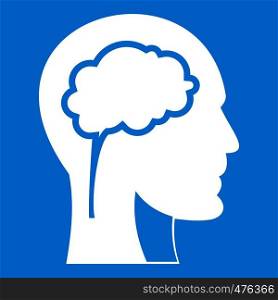 Head with brain icon white isolated on blue background vector illustration. Head with brain icon white