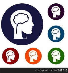 Head with brain icons set in flat circle red, blue and green color for web. Head with brain icons set
