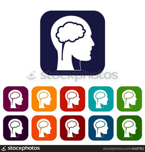 Head with brain icons set vector illustration in flat style In colors red, blue, green and other. Head with brain icons set flat