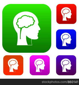 Head with brain set icon color in flat style isolated on white. Collection sings vector illustration. Head with brain set color collection