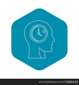 Head with clock inside icon. Outline illustration of head with clock inside vector icon for web. Head with clock inside icon, outline style