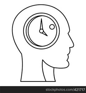 Head with clock inside icon. Outline illustration of head with clock inside vector icon for web. Head with clock inside icon, outline style