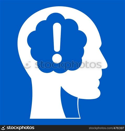 Head with exclamation mark inside icon white isolated on blue background vector illustration. Head with exclamation mark inside icon white