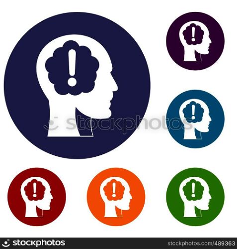 Head with exclamation mark inside icons set in flat circle red, blue and green color for web. Head with exclamation mark inside icons set