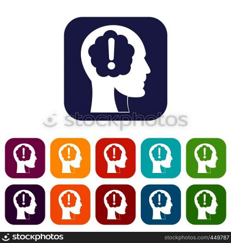 Head with exclamation mark inside icons set vector illustration in flat style In colors red, blue, green and other. Head with exclamation mark inside icons set flat