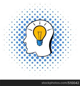 Head with light bulb icon in comics style on a white background. Head with light bulb icon, comics style