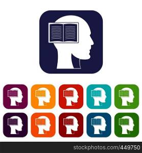 Head with open book icons set vector illustration in flat style In colors red, blue, green and other. Head with open book icons set flat